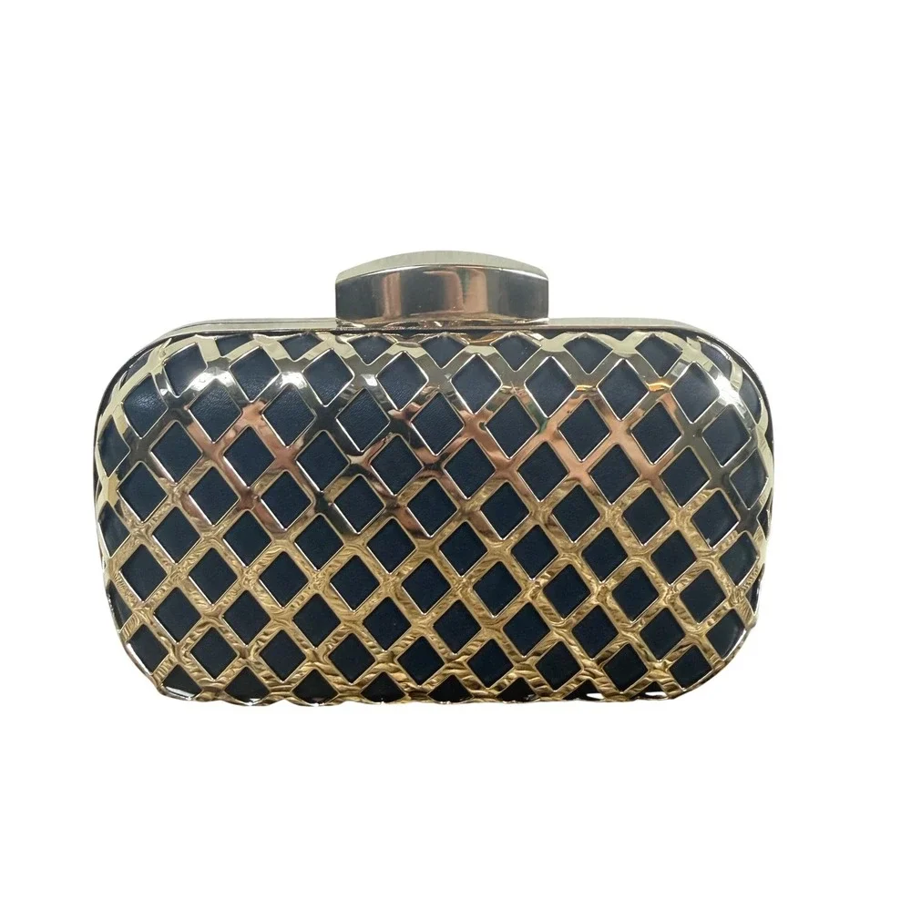 Black Gold Lattice Cage Box Clutch Evening Bag Hard Shell Glam Crossbody Chain
